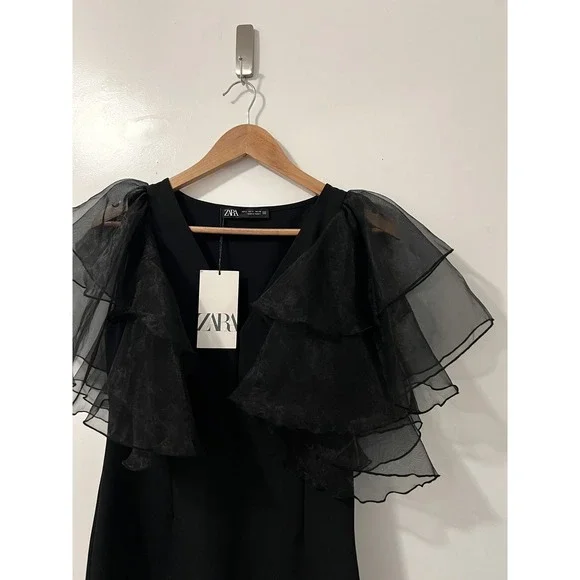 Zara Black Mini Dress Organza Ruffle Sleeve V Neck Party Cocktail Elegant - Picture 3 of 6